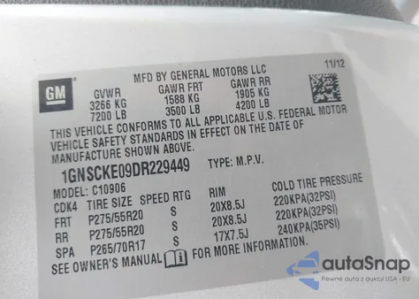 2013 Chevrolet Suburban 1500 Ltz z USA, uszkodzony, nr VIN 1GNSCKE09DR229449